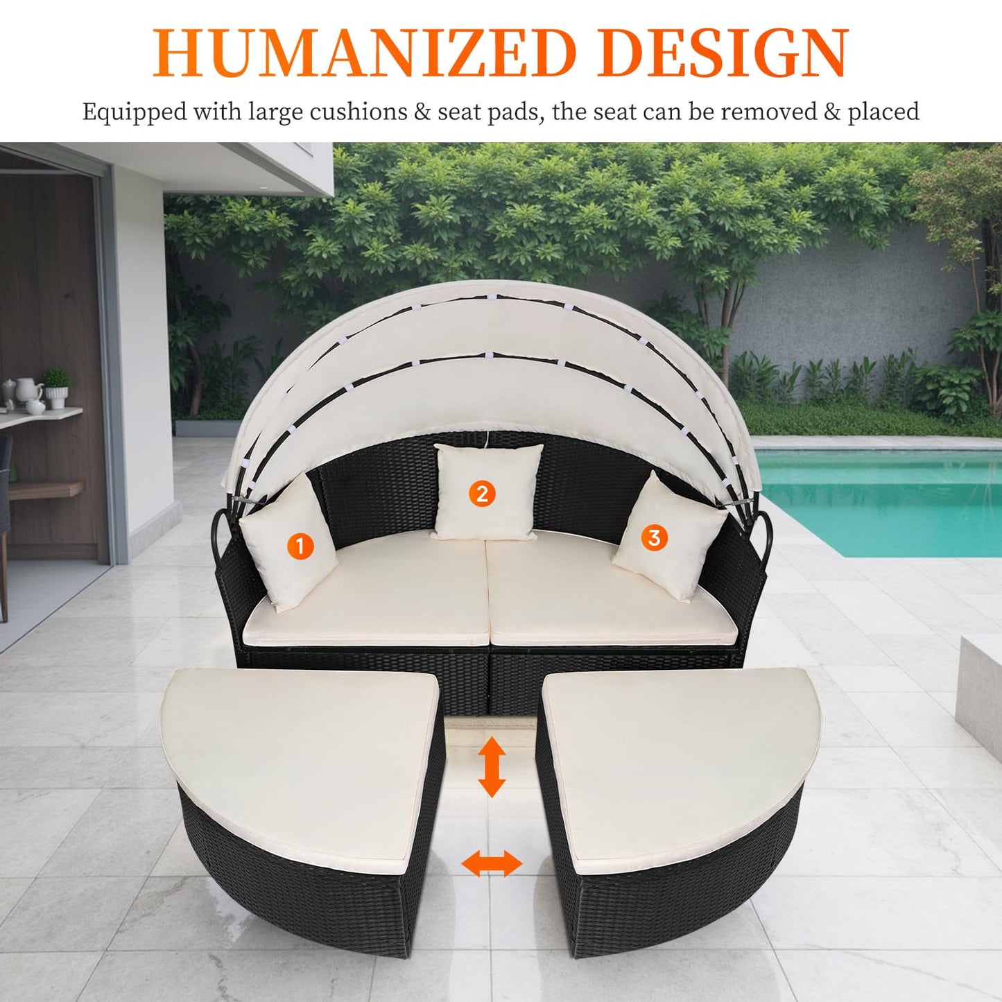 FDW Outdoor Round Daybed Wicker Patio Furniture Outdoor Furniture with Retractable Canopy Rattan Separated Seating Sectional Sofa Khaki Washable Cushioned and Three Pillow for Patio Backyard