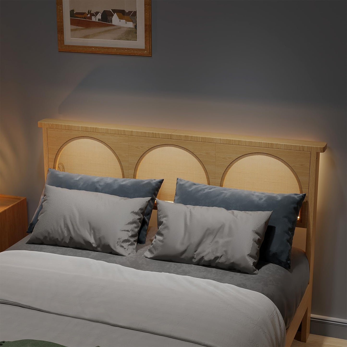 Queen Boho Rattan Bed Frame, Wooden Bed Platform with Storage, Smart RGB LED Natural Rattan Headboard, No Box Spring Needed, Under Bed Storage, Easy Assembly Solid Wood Foundation with Silent Slats