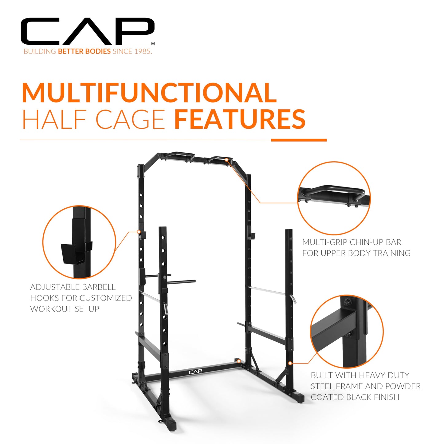 CAP Barbell Multi-Use Power Rack – Heavy-Duty Power Cage with Pull-Up Bar, Dip Handles, and J-Cup Catches – Strength Training Gym Rack for Home or Garage Gym | Orange