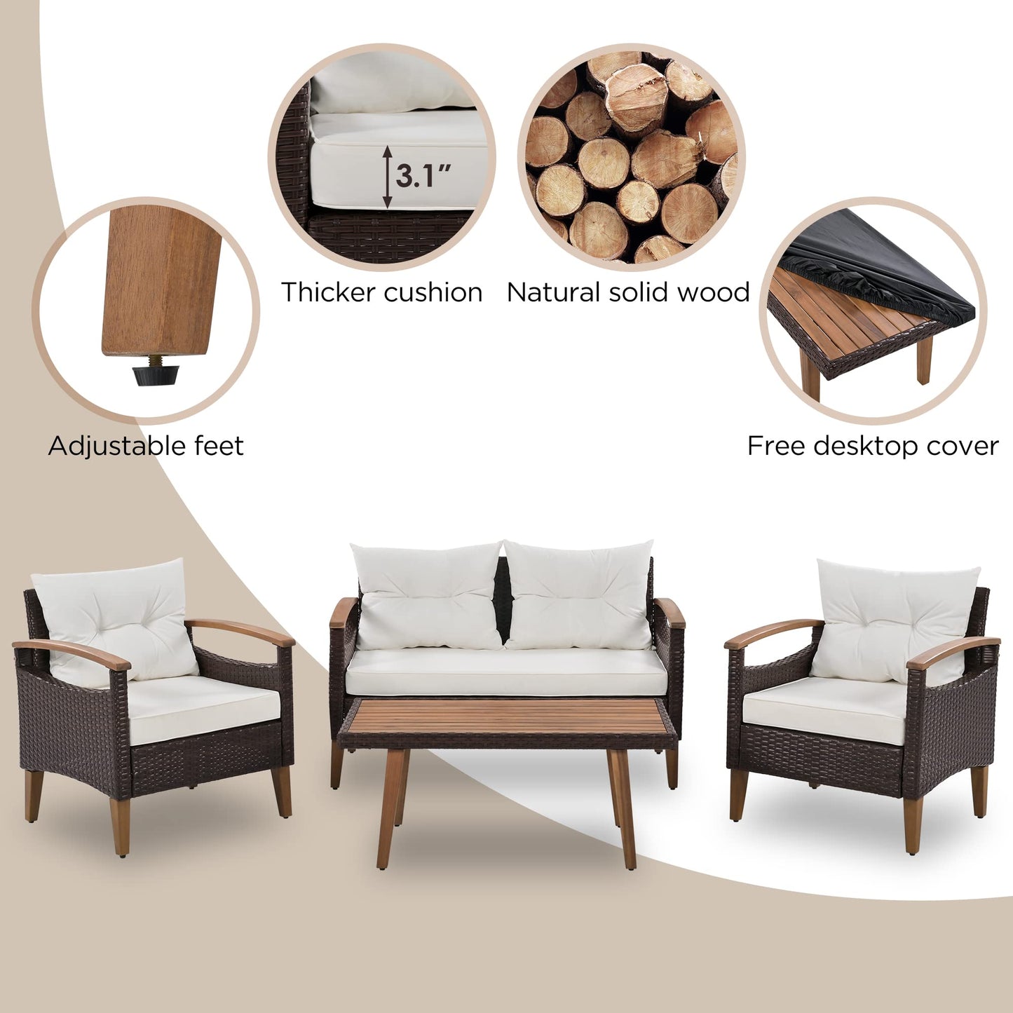 Merax Outdoor Patio Furniture Sets, Free Combination Rattan Sofa with Wood Tabletop, 9-piece, Grey