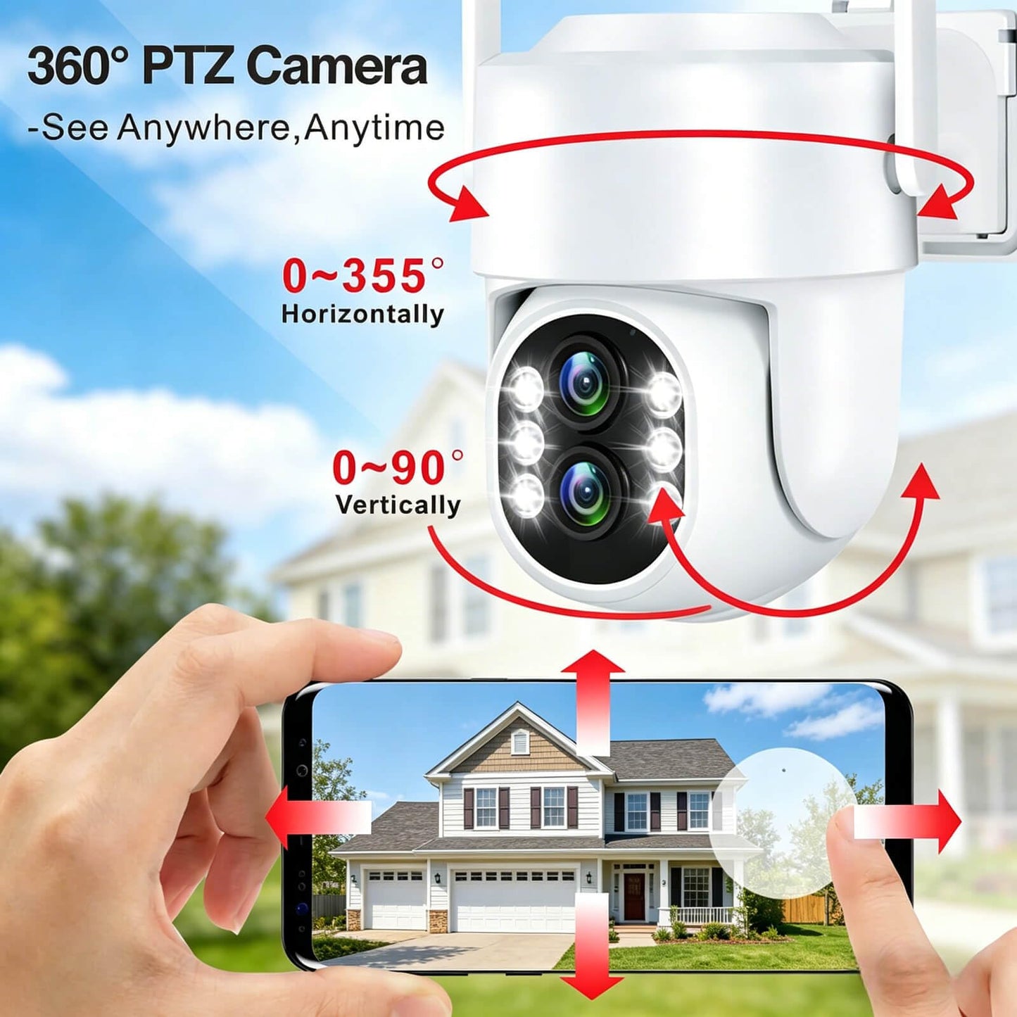 PTZ Security Camera System Outdoor with 10" HD Monitor, Pre-Installed 1TB HDD for 24/7 Recording No Monthly Fee, 4X 2K Dual-Lens Cameras with 10X Zoom, 10CH Expandable WiFi NVR, 2.4G/5G