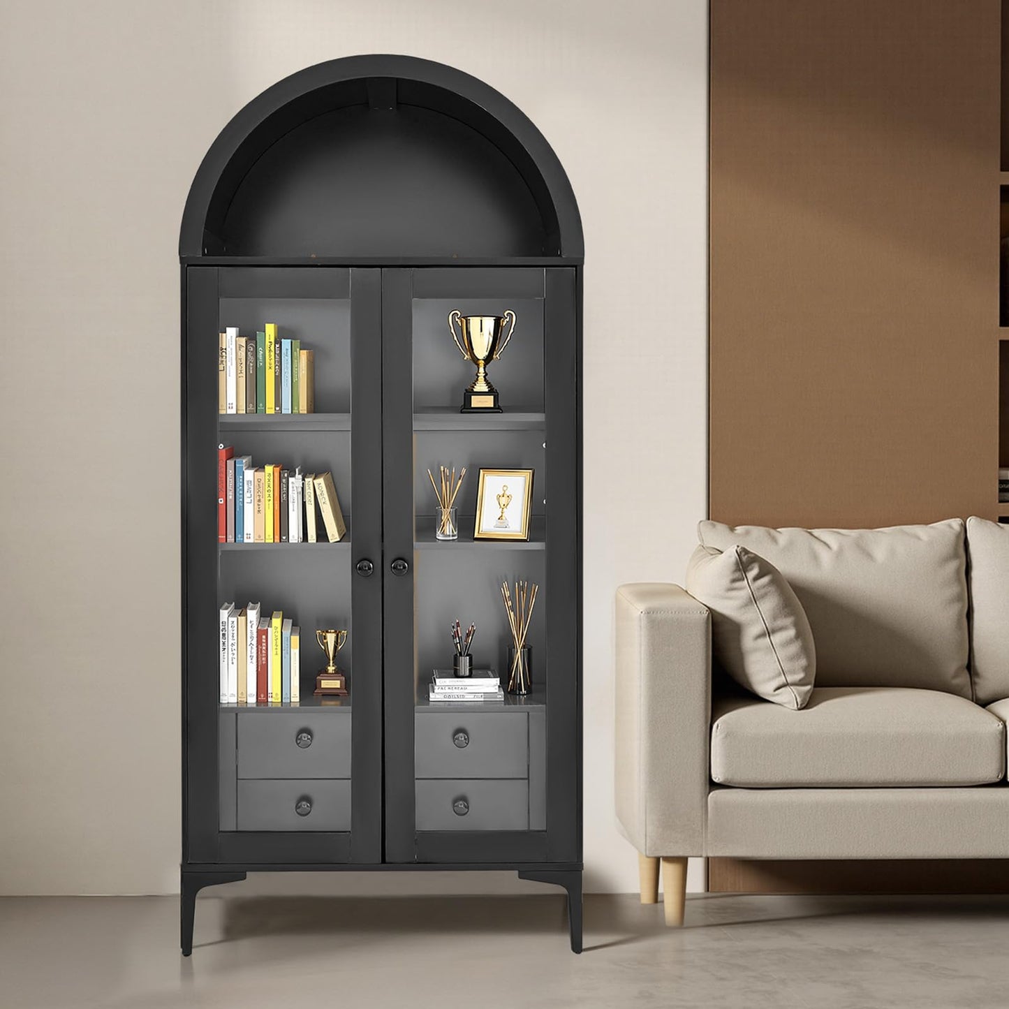 VEVOR Arched Kitchen Pantry Cabinet with Glass Doors, 70in Tall Curio Cabinet, 4-Tier Display Case with 2 Adjustable Shelves, Bookcase Bookshelf for Collectibles Storage Living Room Office