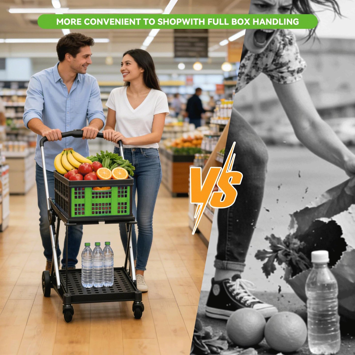 Collapsible Shopping Cart with Wheels,2 Tier Multi Use Foldable Shopping Cart with 2 Storage Crates,Folding Shopping Trolley Utility Cart for Office,Groceries, Warehouse,Supermarket,Picnic (Green)