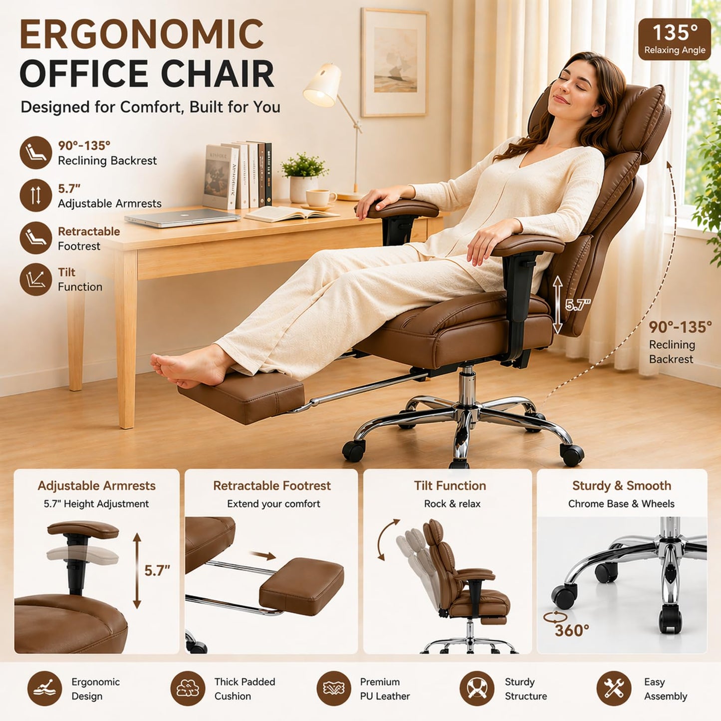 Big and Tall Office Chair 350 LBS, Scratch-Resistant PU Leather Executive Office Desk Chair with Footrest, Ergonomic Reclining Computer Chair with Pocket Spring Support for Home Office, Brown
