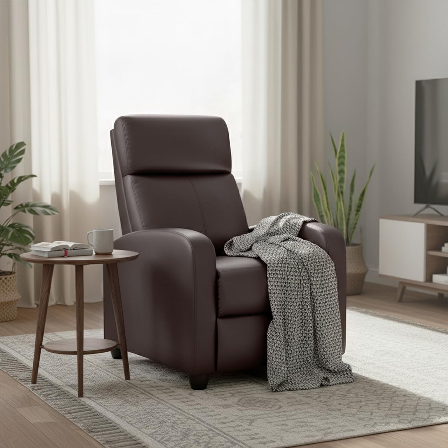 PayLessHere Recliner Chair Single Reclining Sofa Home Theater Seating with Lumbar Support and Padded Backrest for Living Room and Bedroom (Leather, Brown-Massage)