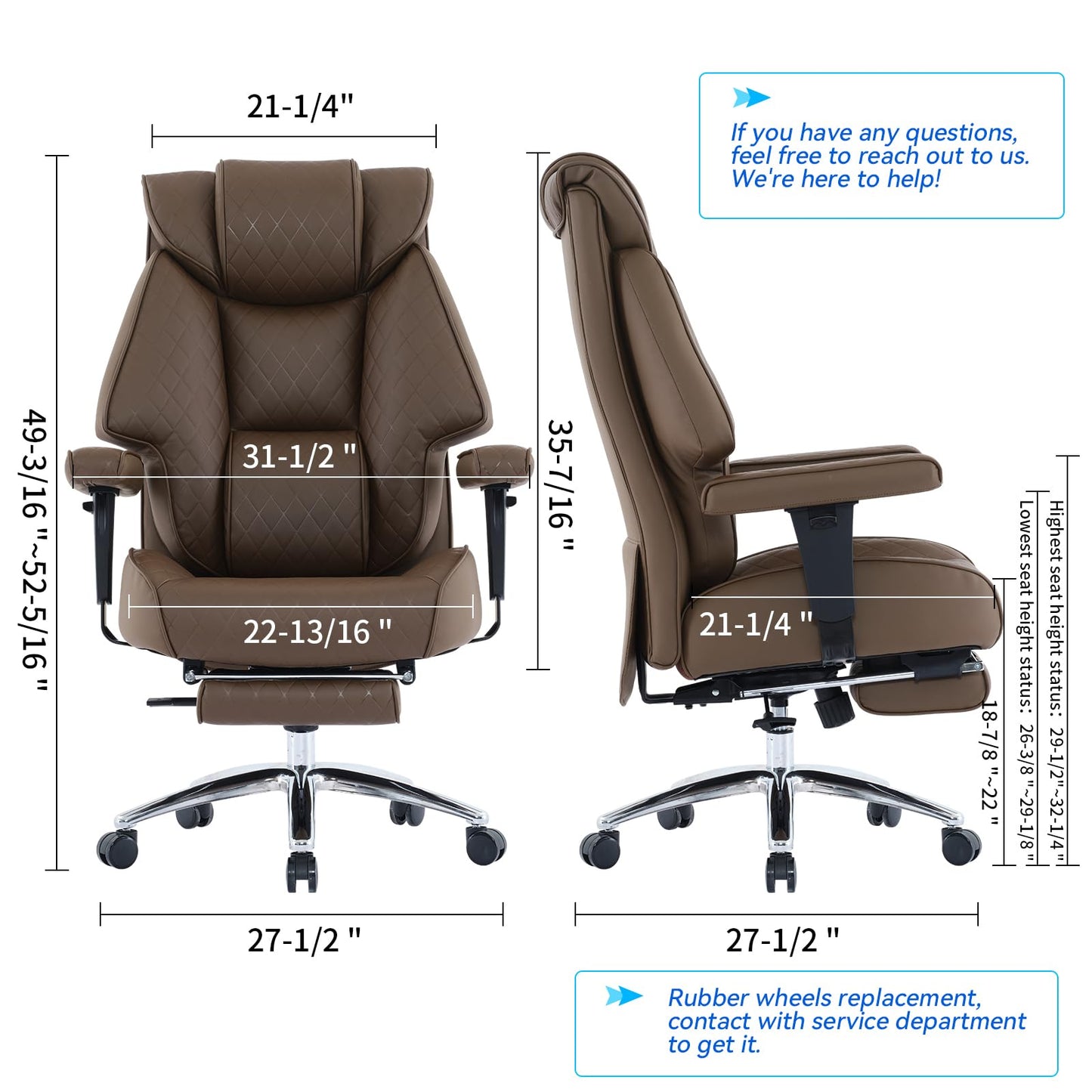 EXCEBET Big and Tall Office Chair with Footrest, PU Leather High Back Executive Office Chair 400lbs, Ergonomic Computer Chairs Lumbar Support for Heavy People (Brown)