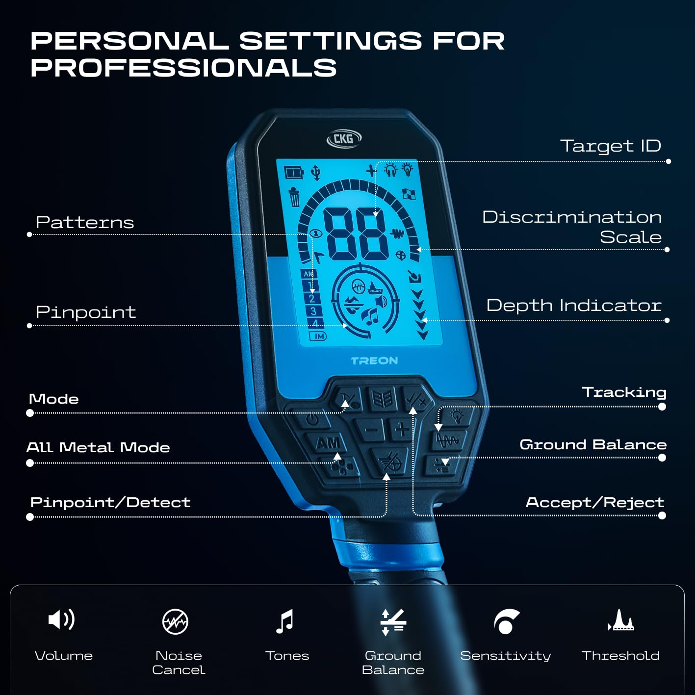 CKG Treon Professional Metal Detector for Adults, Fully Waterproof, 11" DD Coil, High Frequency 18.75 kHz Gold Metal Detector with Treasure, Prospecting, All Metal, Pinpointer Modes