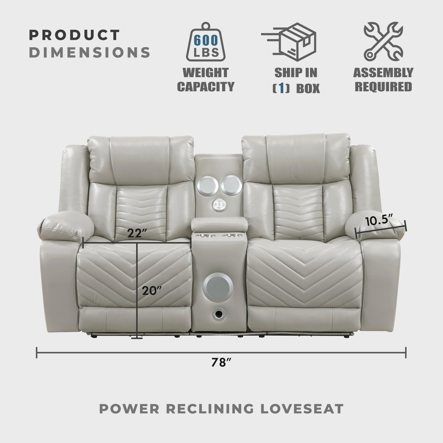 Lexicon Wall Hugger Power Double Reclining Loveseat with Console, Faux Leather Home Theater Seating with LED Lighting, Charging Ports, Bluetooth Speaker Wireless, Cup Holders, Hidden Storage, Gray