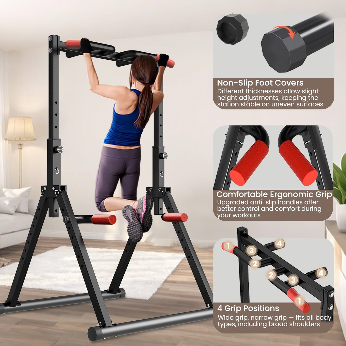 WATBKHE Foldable Power Tower Pull Up Bar Dip Station, Pull Up Bar Standing for Home Gym Adjustable Height, Multi-Functional Workout Equipment Strength Training Machine, Support 460LBS