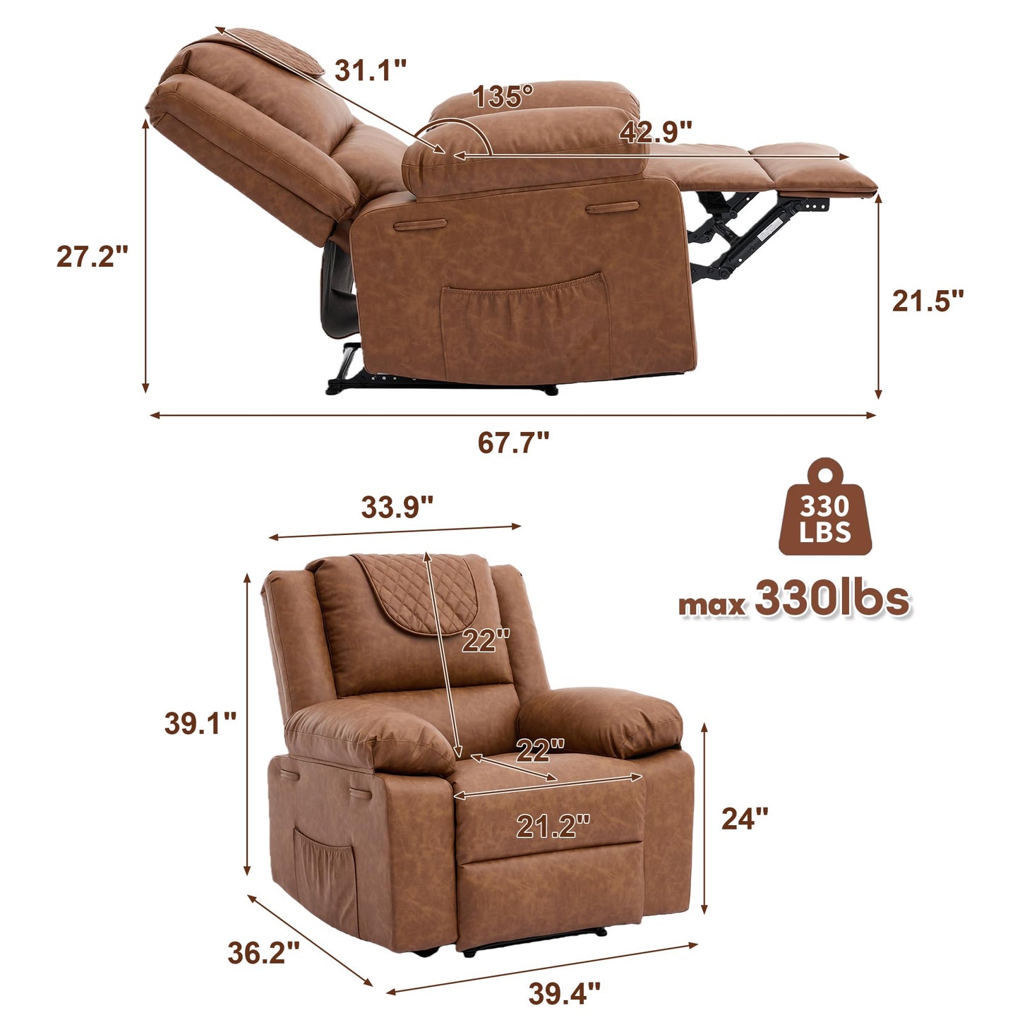 Adult Manual Recliner with Heating and Massage Functions (135° Front and Rear Adjustment) - Equipped with Side Storage Pockets and Remote Control, Suitable for Living Room and Bedroom(Brown)