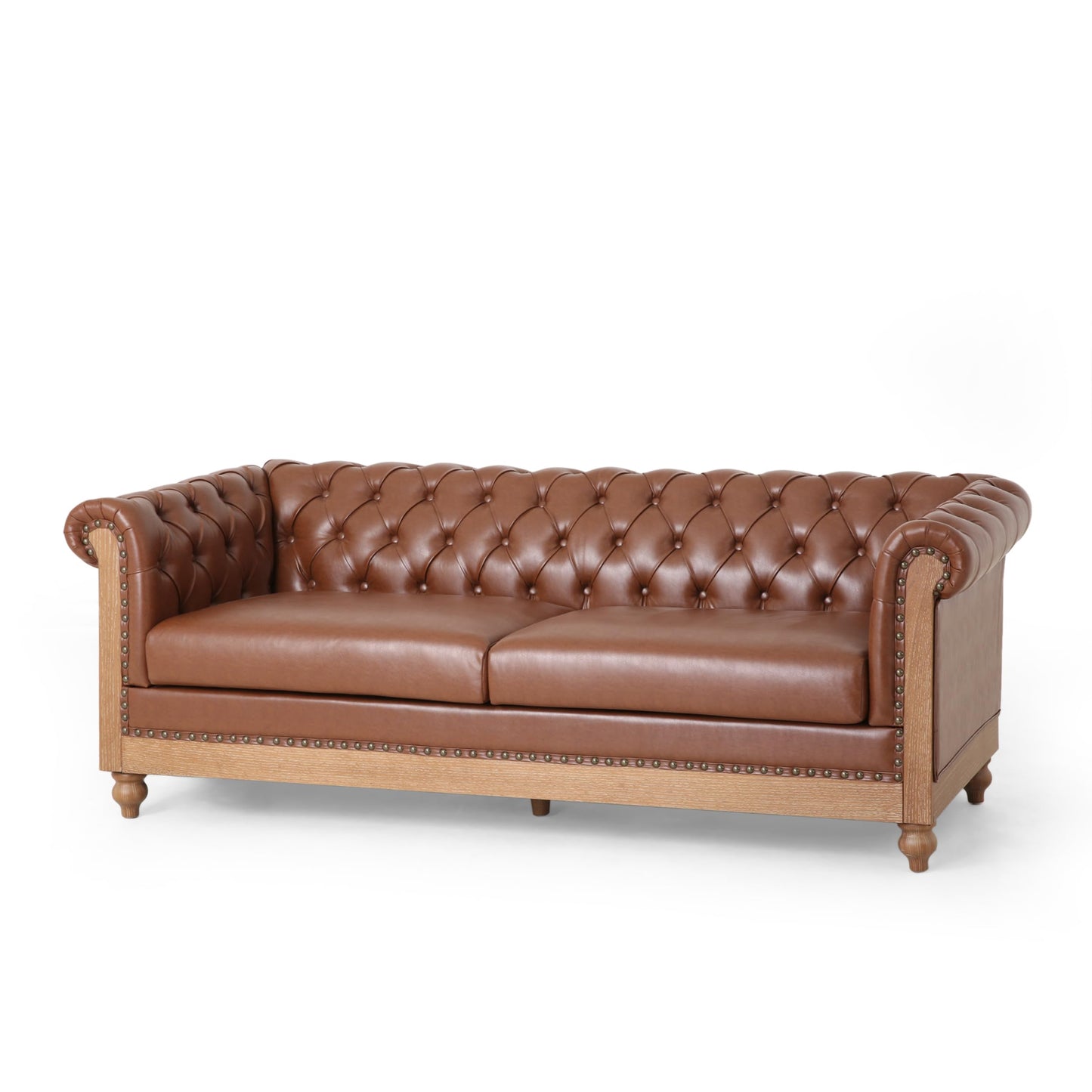 Merax 3 Seat PU Chesterfield Sofa, Retro Style Upholstered Leather Couch Rolled Arm for Living Room Bedroom Office, Light Brown