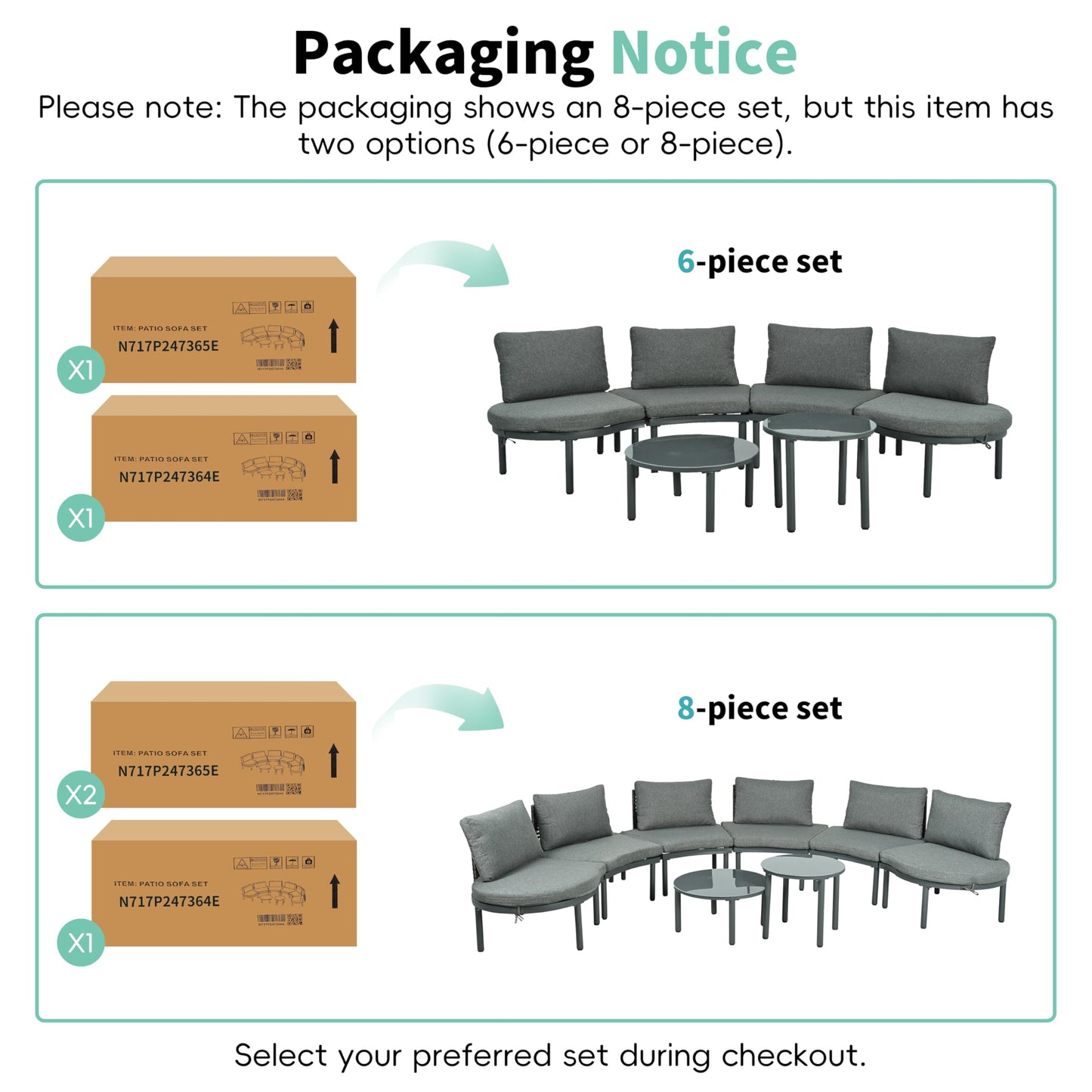 YOPTO 6-Piece Patio Sofa Furniture Set,Half Moon Outdoor Sectional Sofa with 2 High-Low Coffee Tables and Tempered Glass,PE Wicker Rattan Chair w/ 4 Pillows & Cushions,Furniture for Poolside,Gray