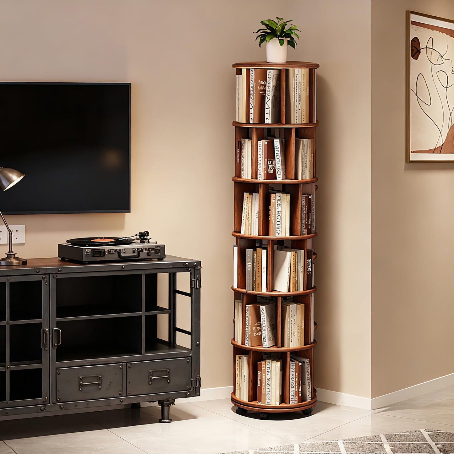6-Tier Rubberwood Rotating Bookshelf, 360° Spinning Bookcase with Lockable Wheels, Space-Saving Freestanding Corner Storage Rack, Walnut Finish, 17.3"D×17.3"W×78.5"H for Living Room Office Bedroom