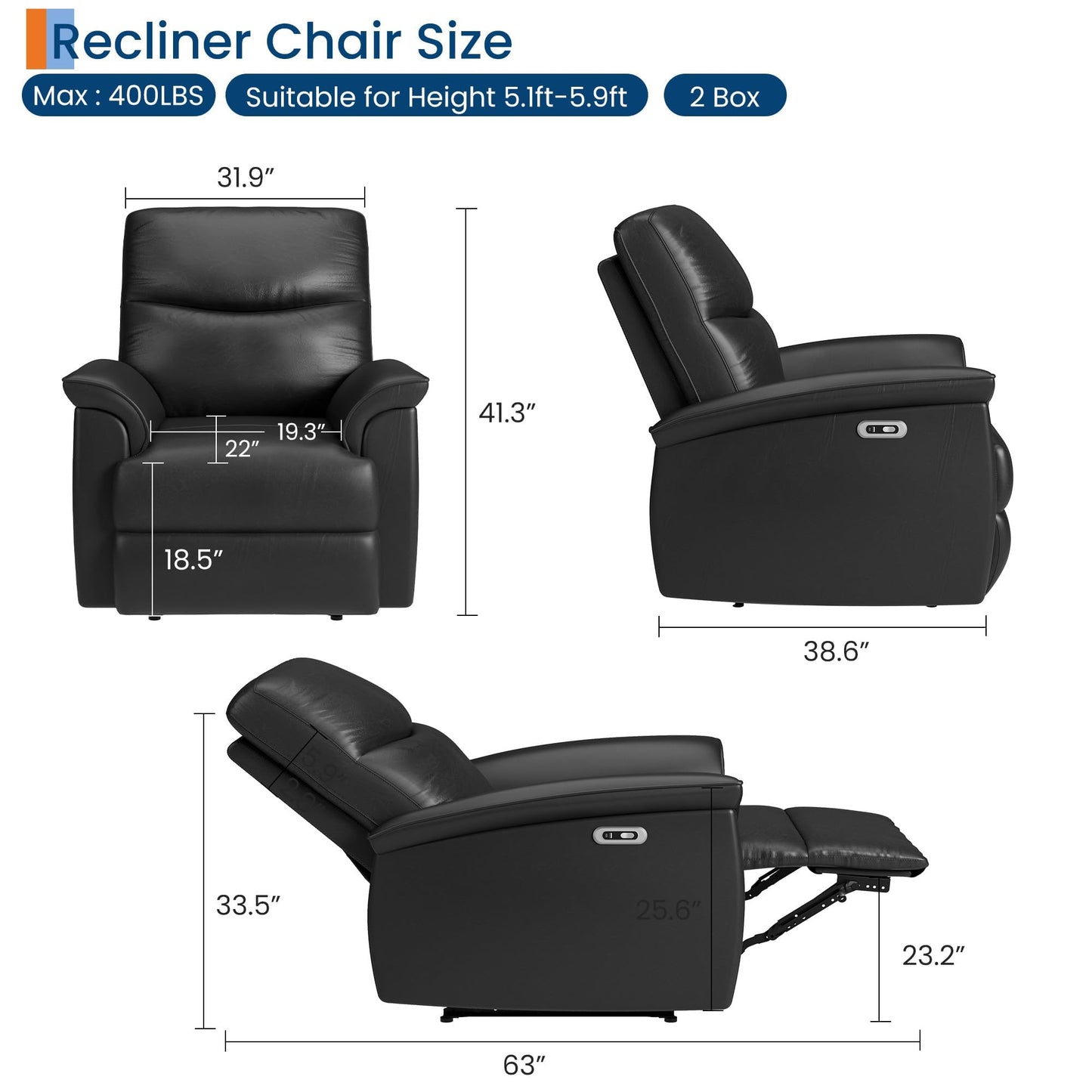 Leather Recliner Chair for Adults Power Recliner with USB Charging Ports Electric Reclining Sofa for Living Room Home Theater Seating Bedroom (Midnight Black)