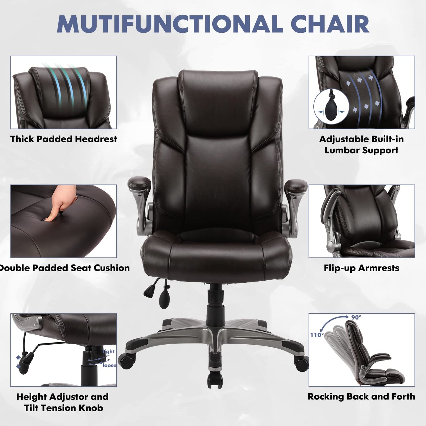 COLAMY High Back Executive Office Chair- Ergonomic Home Computer Desk Leather Chair with Padded Flip-up Arms, Adjustable Tilt Lock, Swivel Rolling Chair for Adult Working Study-Brown