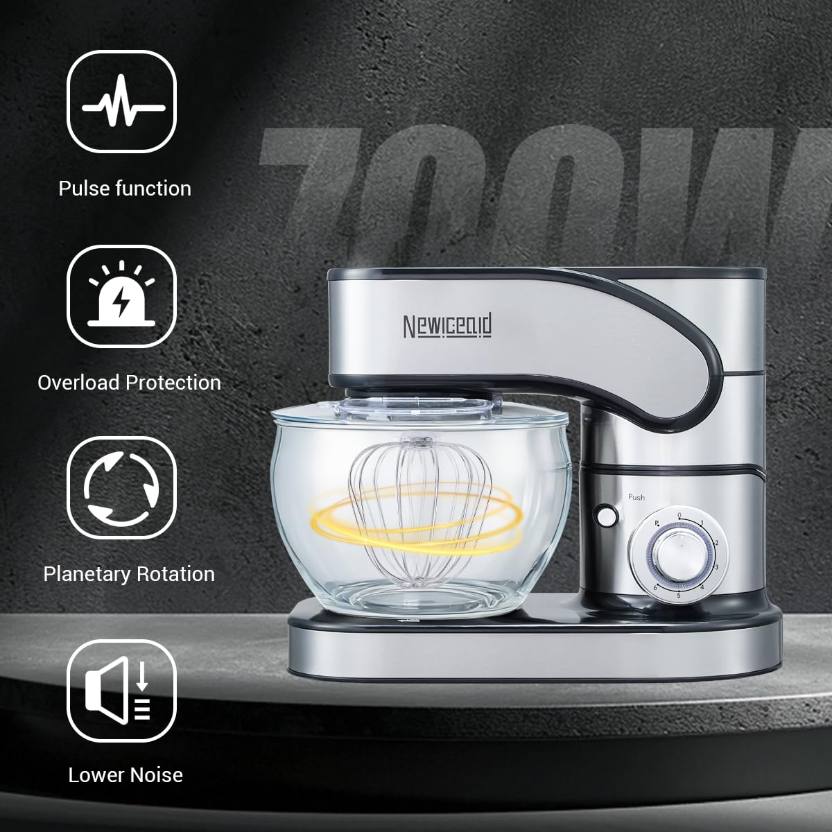 Newiceaid Stainless Steel Stand Mixer, 6-Speed Tilt-Head Mixer with 700W Powerful Motor, 7.4QT Large Capacity Bowl, Electric Kitchen Mixer with Dough Hook, Beater, Whisk for Baking & Dough Making
