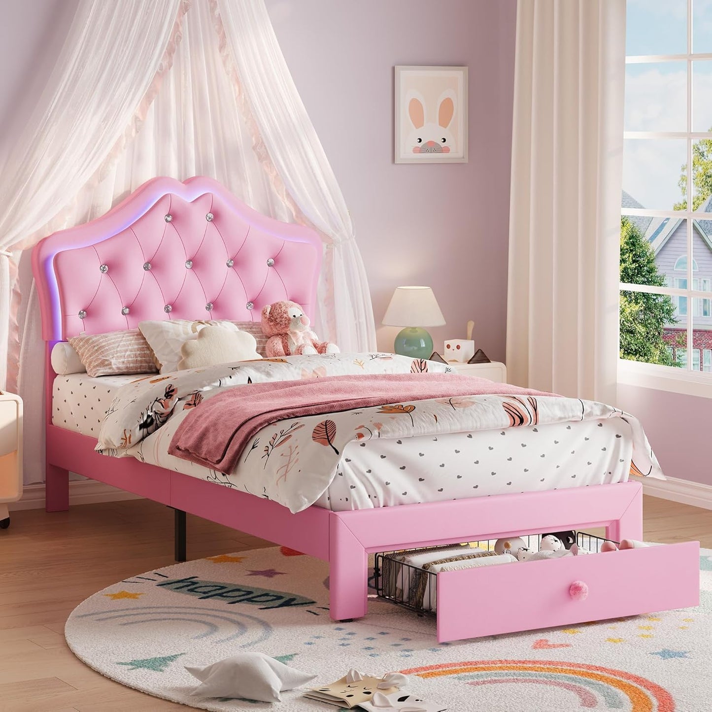 Garvee Twin XL Size Bed Frame with LED Lights & Velvet Crystal Button Headboard, Upholstered Boy Platform Bed with Storage Drawer, Noise Free, No Box Spring Needed for Kids, Teens, Pink