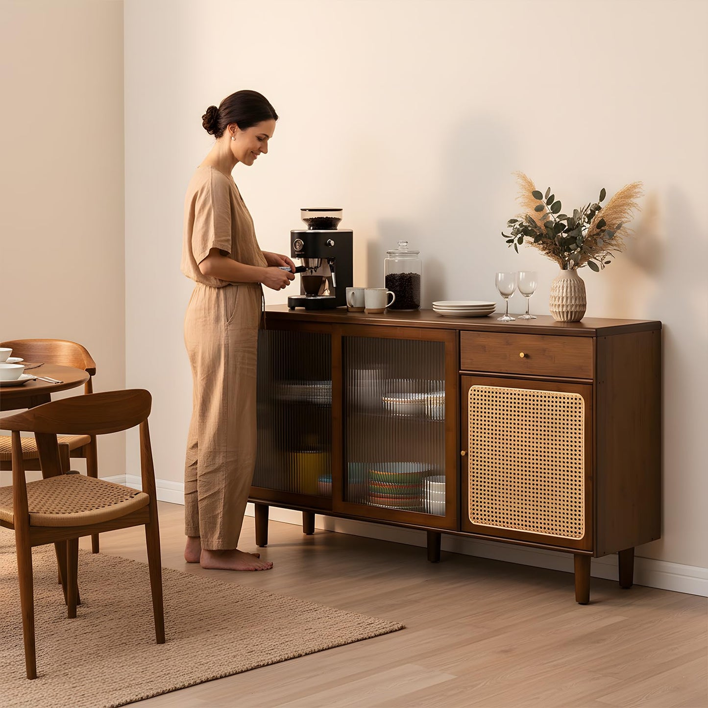 Tiita Bamboo Sideboard Buffet Cabinet, Rattan Kitchen Storage Cabinet with Drawer, Boho Coffee Bar Tables for Kitchen Hallway Office, Walnut