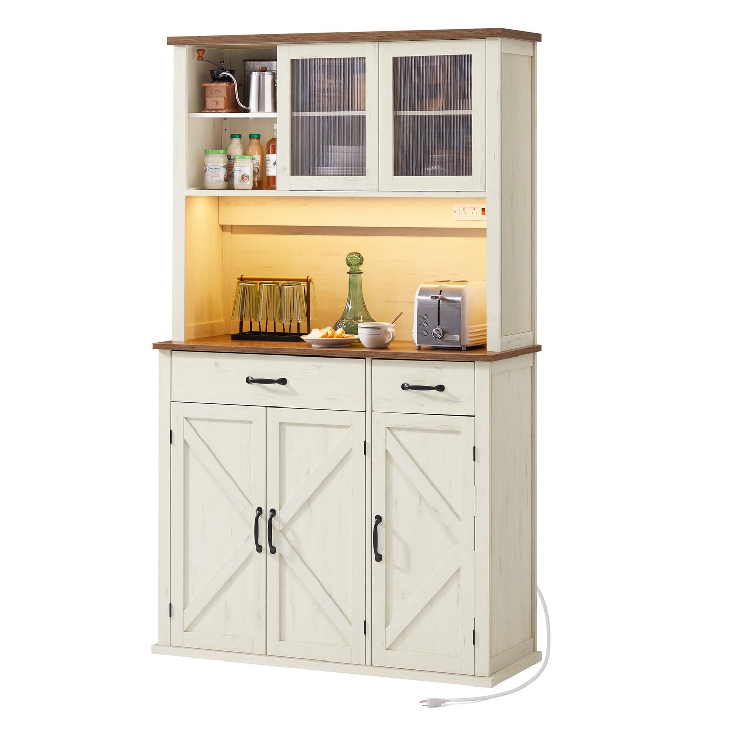 VASAGLE Pantry Cabinet with Lights and Charging Station, Kitchen Storage Cabinet with Doors and Drawers, 15.6 x 41.9 x 71.1 Inches, Adjustable Shelves, Farmhouse Style, Rustic White UBBK391W01