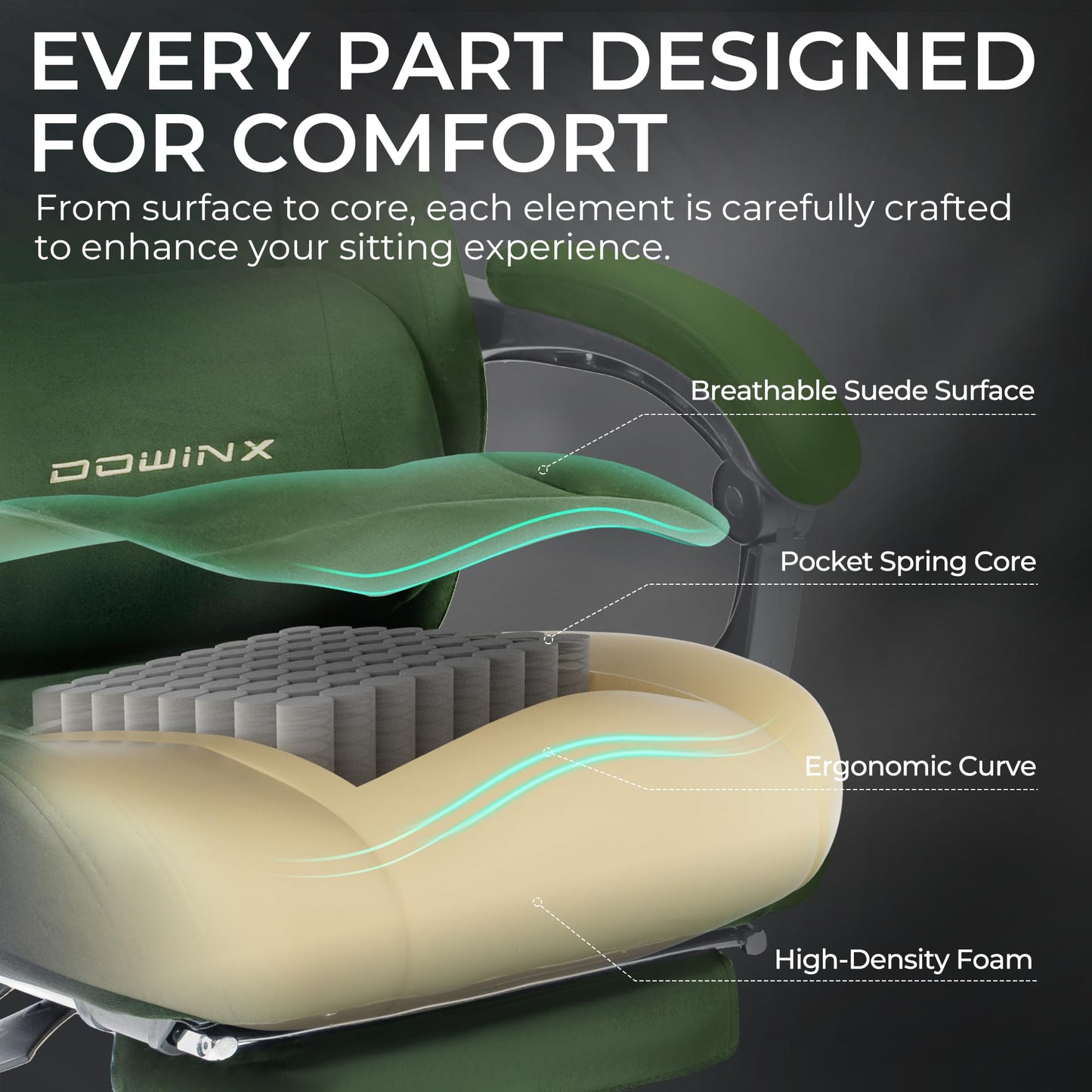 Dowinx Big and Tall Gaming Chair, Suede Fabric Game Chair with Pocket Spring Cushion, High Back Gamer Chair Ergonomic with Footrest for Adults Office, 440LBS, Green