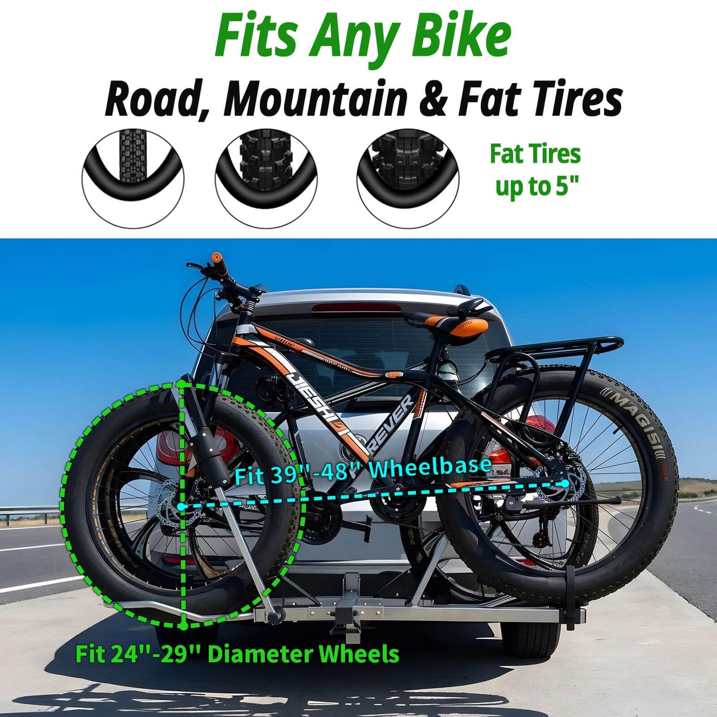 Stainless Steel Bike Rack Hitch Mount with Ramp for 2 Bikes – Platform Ebike Rack Fits Fat Tires up to 150 lbs – Foldable & Tilt Electric Bike Rack for SUV, Truck, RV – 2 Inch Receiver