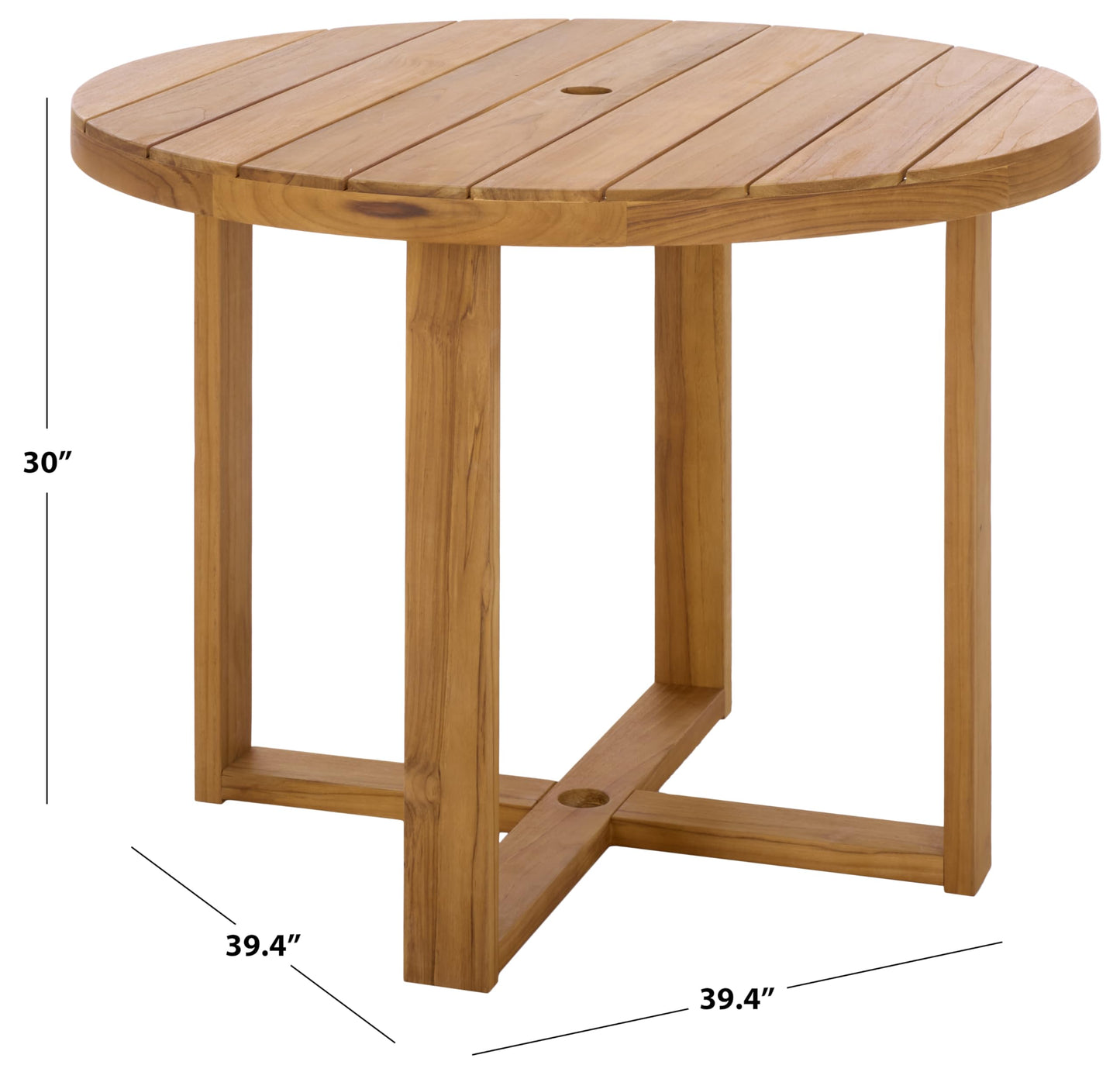 SAFAVIEH Couture Outdoor Patio Furniture Collection – Mayaguana Natural Teak Solid Wood Round Dining Table, Slatted Top with Umbrella Hole, Modern Outdoor Design (CPT1061A)