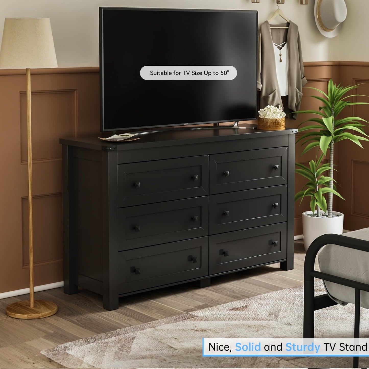 HUANLEGO Black Dresser for Bedroom with 6 Drawers, Modern Chest of Drawers, Wood Dressers Bedroom Furniture Wide Storage Organizer, 6 Drawer Dresser for Closet, Living Room, Hallway
