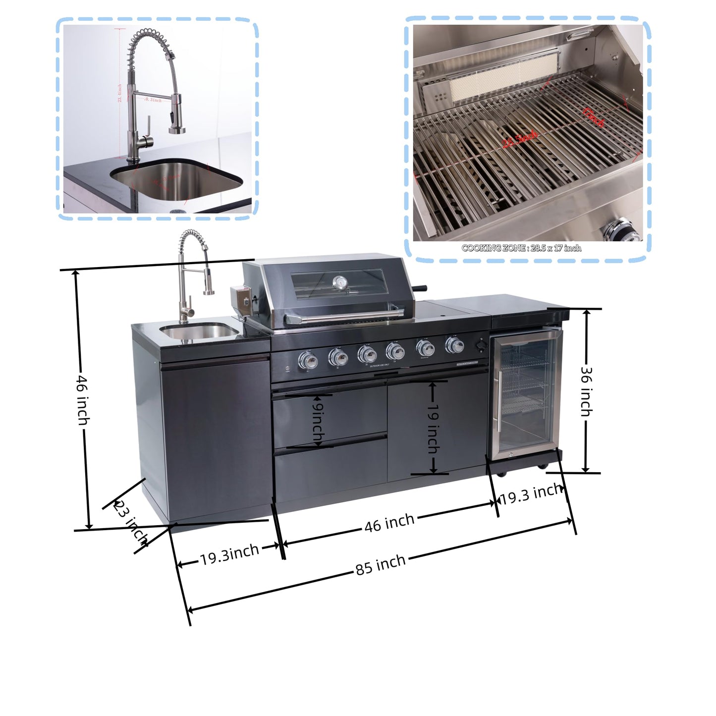 KEIKI Outdoor Kitchen Island Gas Grill System 4 Burner BBQ Island with Rotisserie Kit, Integrated Sink, Wine Cooler & Granite Countertop