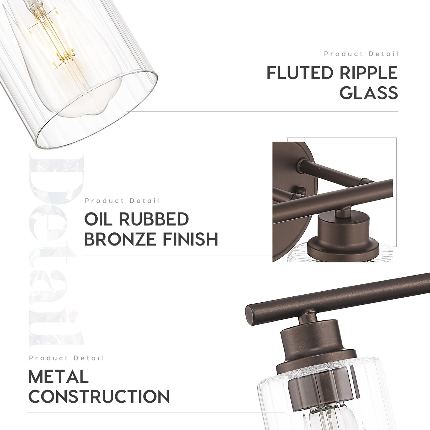 Emliviar Rustic Vanity Light Fixture, 5-Light - 40 Inch, Fluted Ripple Glass, Oil Rubbed Bronze Finish, Model YE295B