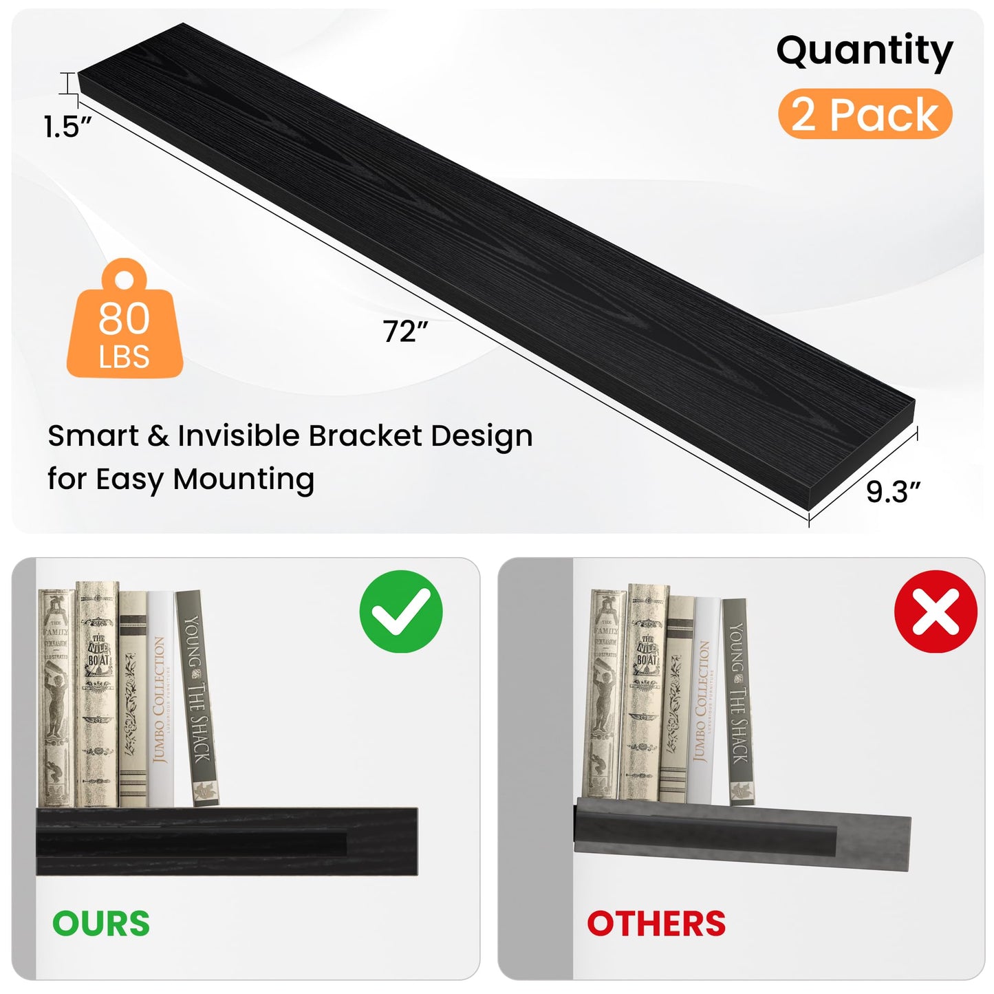 Floating Shelves for Wall, 72"W x 9.3"D x 1.5"H, Long Wooden Wall Mounted Display Shelves with Invisible Brackets for Living Room, Bedroom, Bathroom, Kitchen Decor and Storage, Set of 2, Black