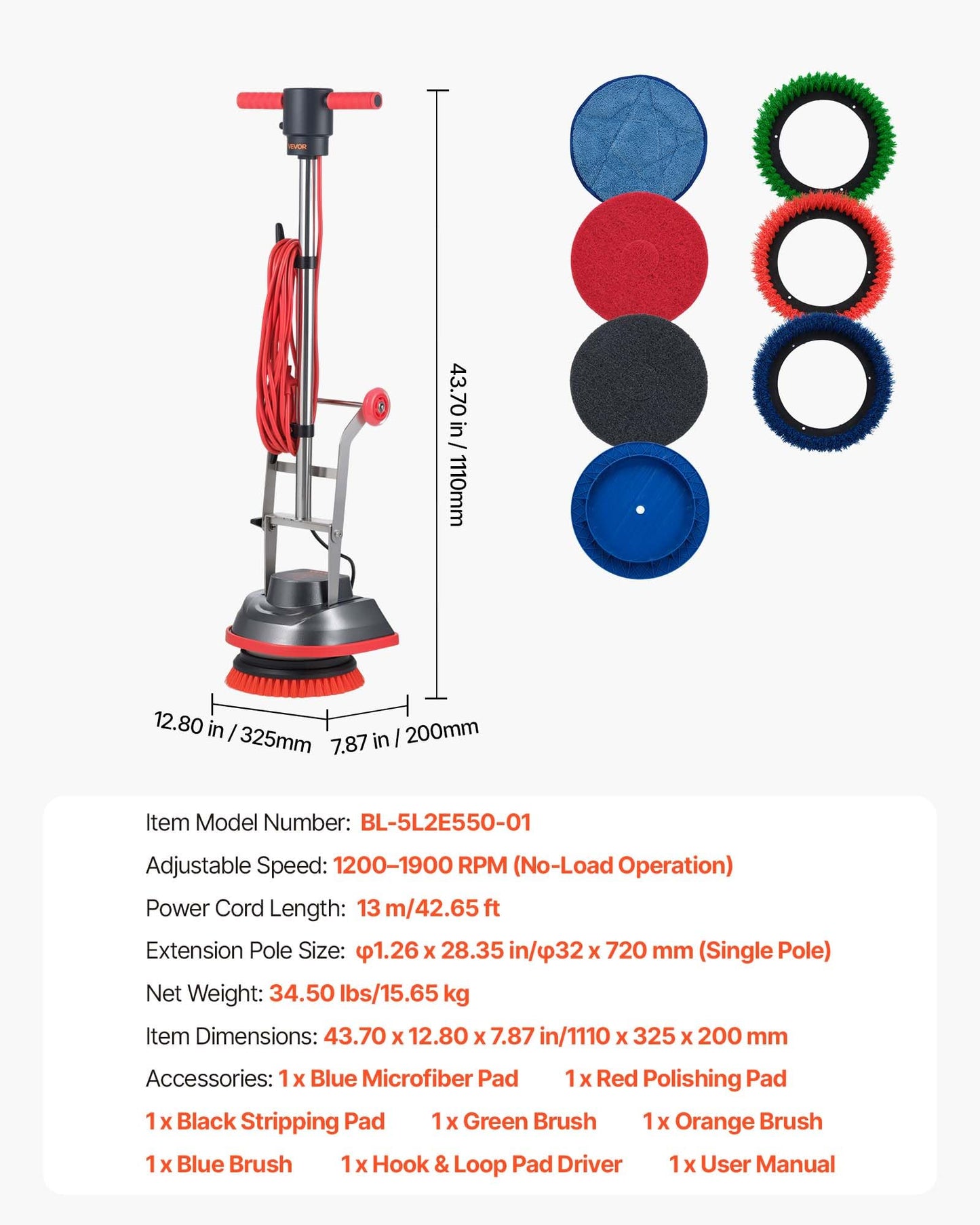 VEVOR Commercial Floor Scrubber Machine, Heavy Duty Floor Cleaner Polisher with 2 Wheels, Professional Electric Carpet Buffer, Max 1900 RPM, 43 FT Cord, 3 Pads & 3 Brushes - All Floor Surfaces