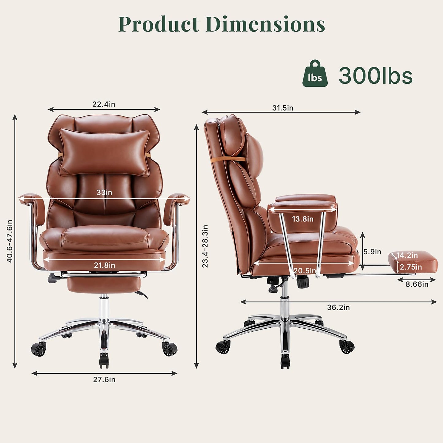 HAPPYMONT Executive Ergonomic Office Chair, PU Leather High Back Reclining Office Chair with Footrest and Lumbar Support, Height Adjustable Rolling Swivel Computer Chair for Home Office,Brown