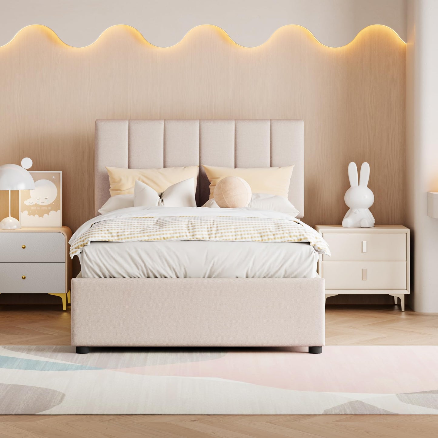 Bellemave Twin Size Lift Up Storage Bed,Upholstered Platform Bed with Hydraulic Storage System,Vertical Stripe Headboard,Beige