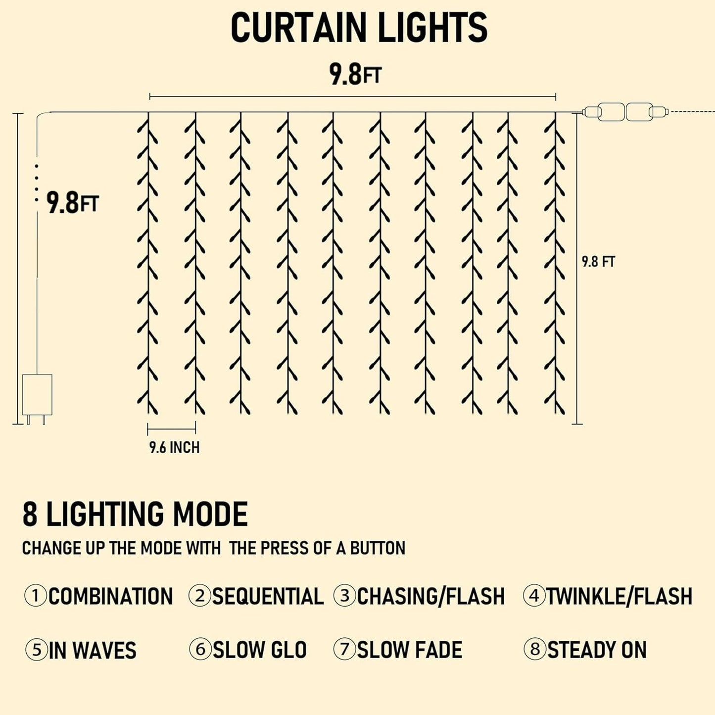 Dazzle Bright 300 LED Curtain String Lights, Waterproof, 8 Lighting Modes, White, Model CL-300CC