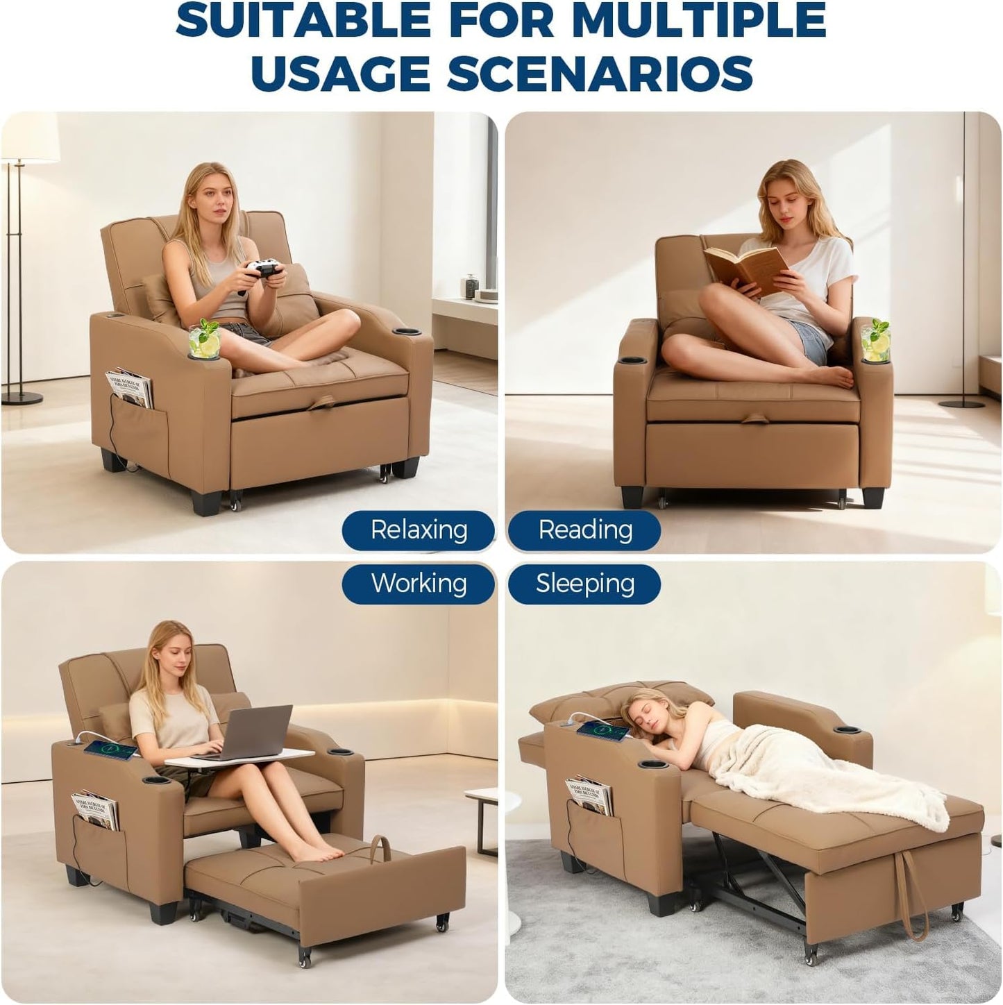 Sleeper Chair Pull Out Bed, 4 in 1 Convertible Sofa Chair Bed with Vibration Massage Lumbar Pillow, Single Sofa Recliner with USB/Type-C Port, Cup Holders and Side Pocket for Small Spaces (Brown)