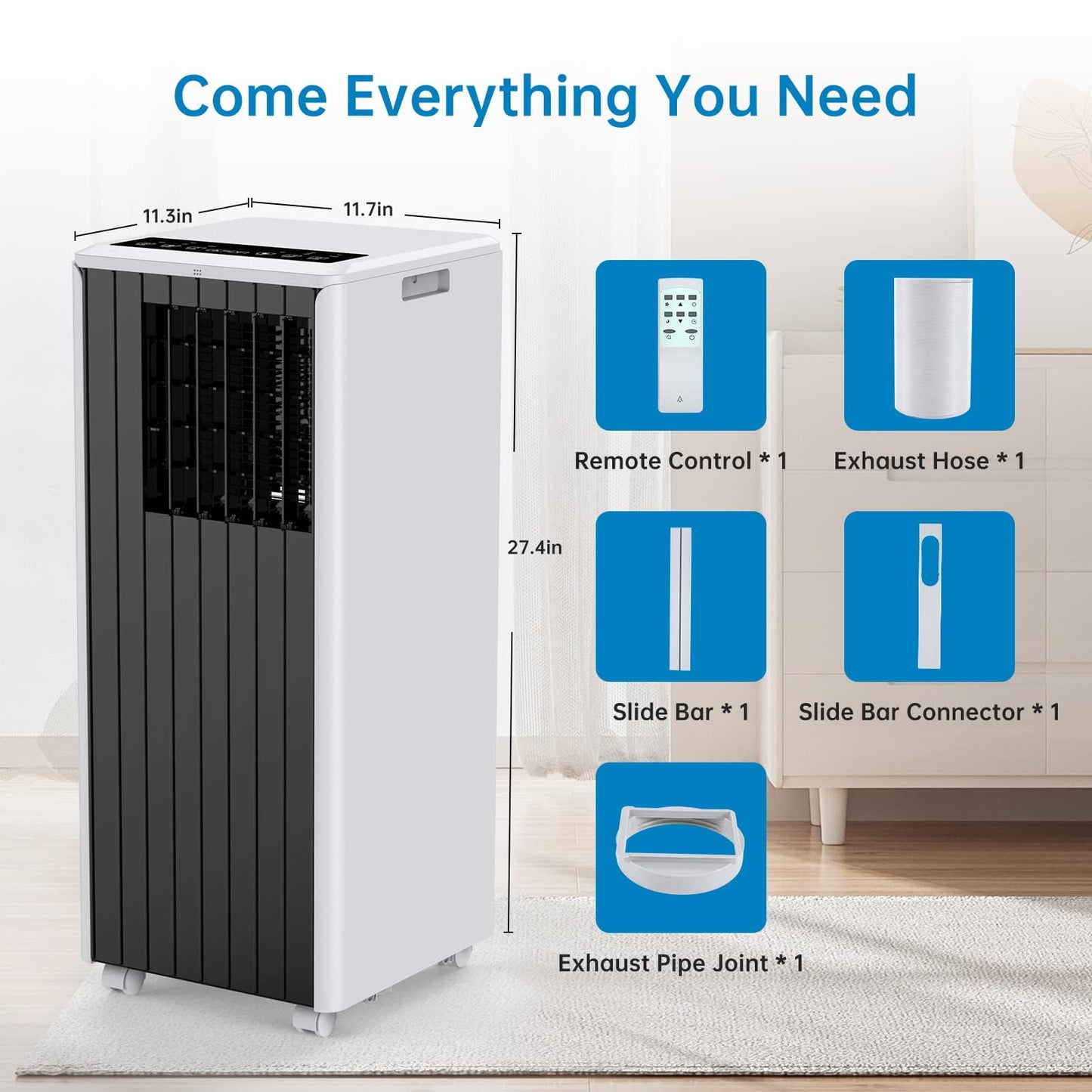 8,000 BTU Portable Air Conditioner – 3-in-1 AC Unit with Cooling, Dehumidifier & Fan for Rooms Up to 350 sq.ft. – Quiet Energy-Efficient Sleep Mode, 24-Hour Timer, Remote Control & Overheat Protection