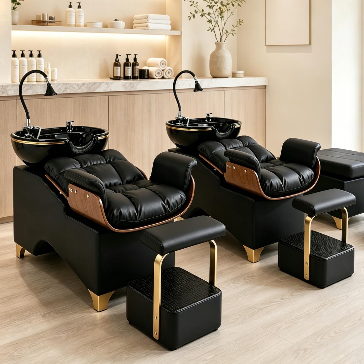 Oakvera Shampoo Bowl and Chair Set of 2 for Salon, Hair Washing Station Barber Backwash Unit with Ceramic Sink, Independent Footstool, Neck Rest & Head Pad, for Beauty Salon, Spa & Barbershop