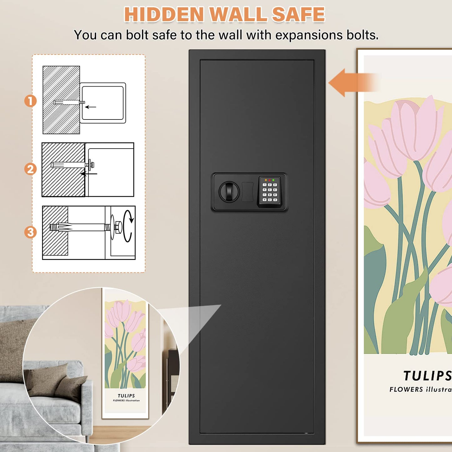 43.3" Tall Fireproof Wall Safes Between the Studs 16" Centers, Electronic Hidden Safe with Removable Shelf, Fireproof in Wall Safe for Money Jewelry Passport