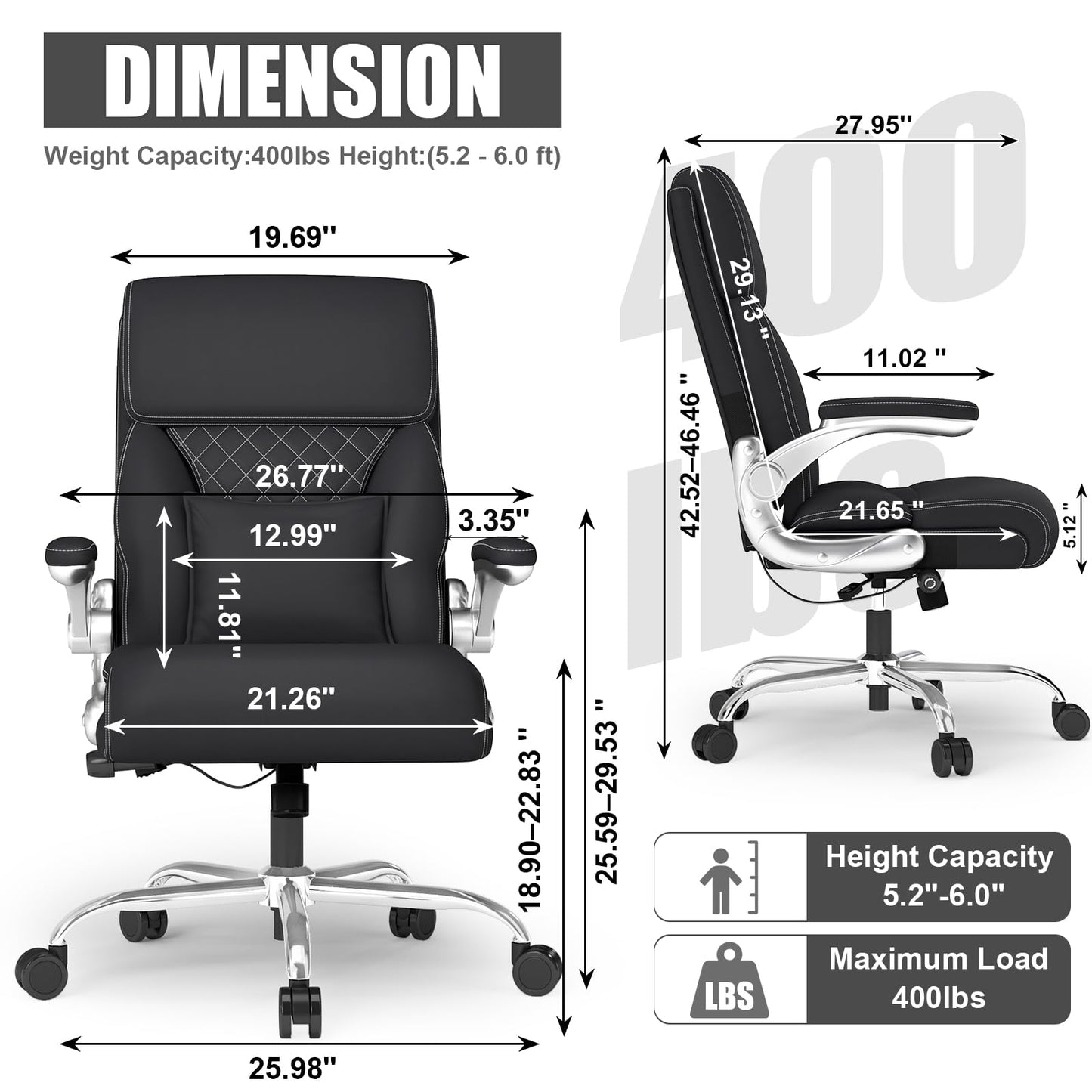 Ergonomic Leather Office Chair with Adjustable Lumbar Support, Flip-Up Armrests Desk Computer Chair, Swivel PC Chair with Rocking Function