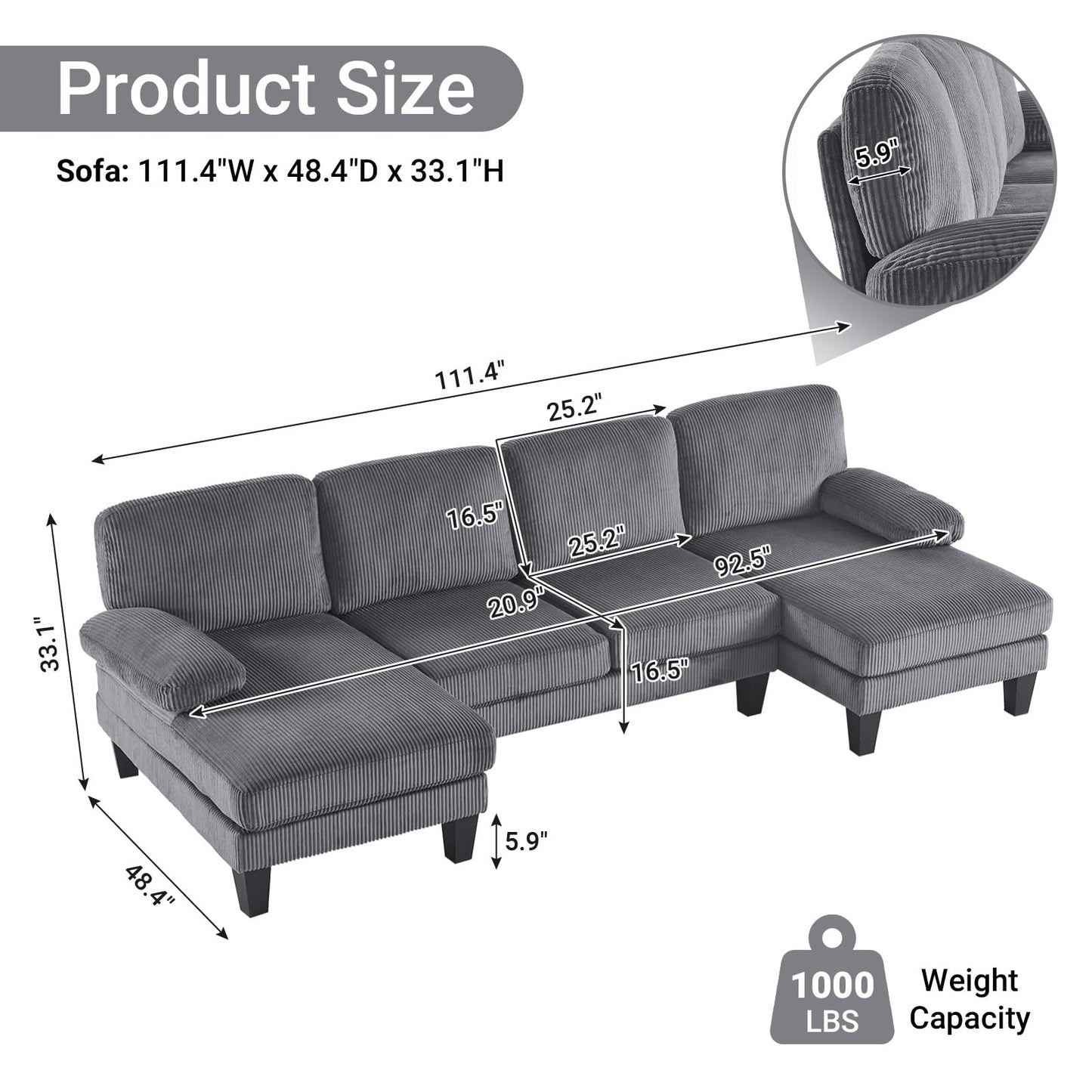 VINGLI 110" Sectional Couches for Living Room,U Shaped Couch with Double Chaise, 4-Seat Sofa Set with Corduroy Fabric for Home Furniture,Grey