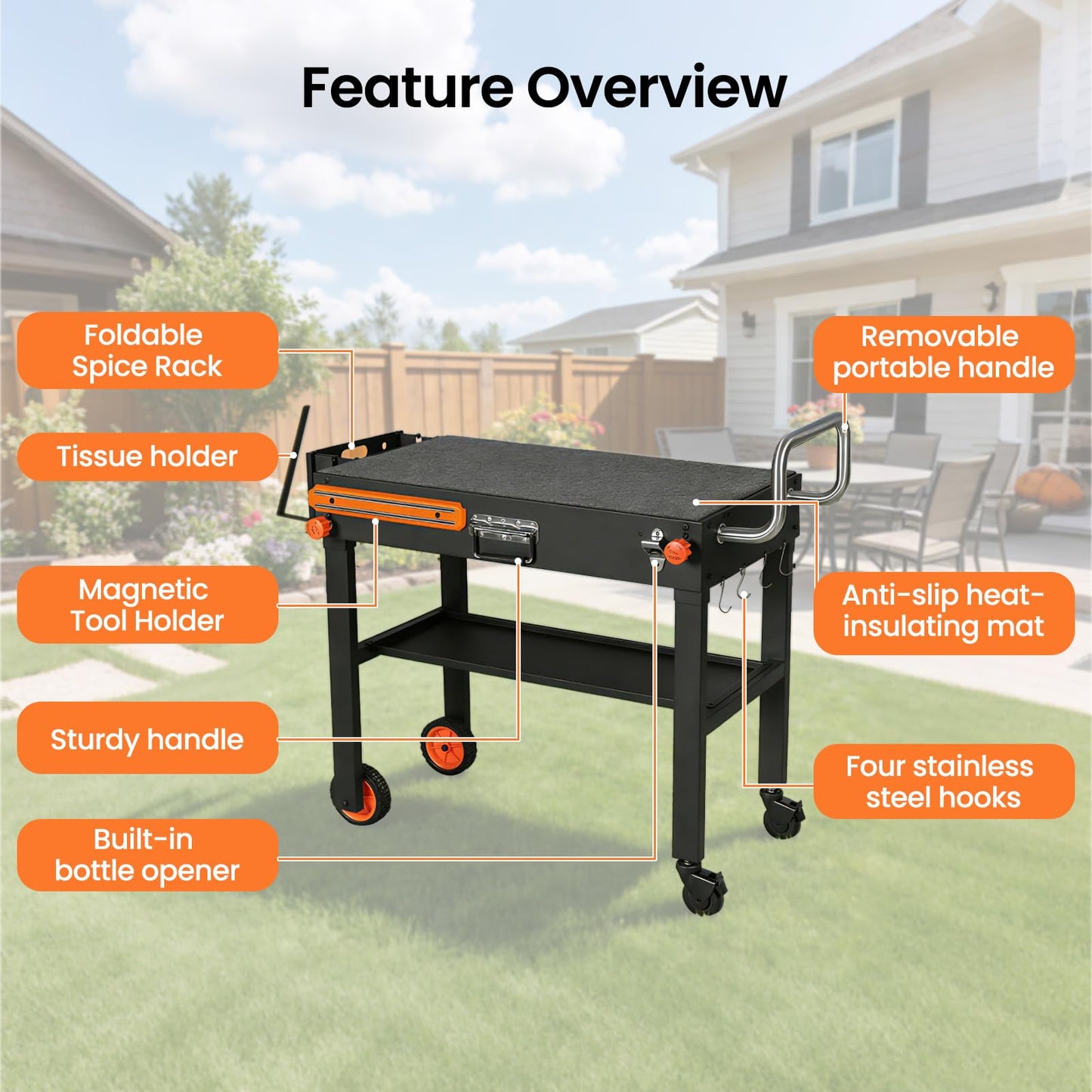Folding Grill Table for Blackstone 17" & 22" Griddle, Portable Grill Cart with Wheels, 20-Second Tool-Free Setup, 450 lb Heavy Duty Outdoor Cooking Prep Station for Ninja Woodfire Grill & Pizza Oven