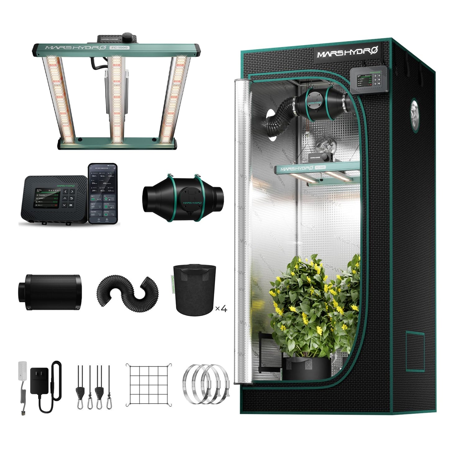 MARS HYDRO 3x3 Smart Grow Tent Kit with WiFi-Integrated Controller 43,150W FC1500 Grow Light,App Dimming Control,1680D High Reflective Mylar,with,4 inch Automatic Ventilation System