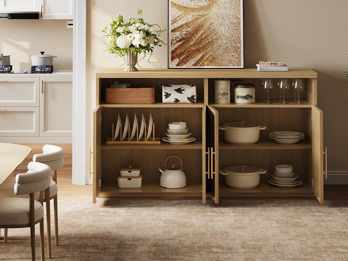 Fluted Buffet Cabinet with Storage, 63" Wide Wood Sideboard Credenza with 4 Doors & Open Storage Shelf, Modern Kitchen Entryway Accent Table for Dining Room Living Room, Kitchen, Hallway, Oak