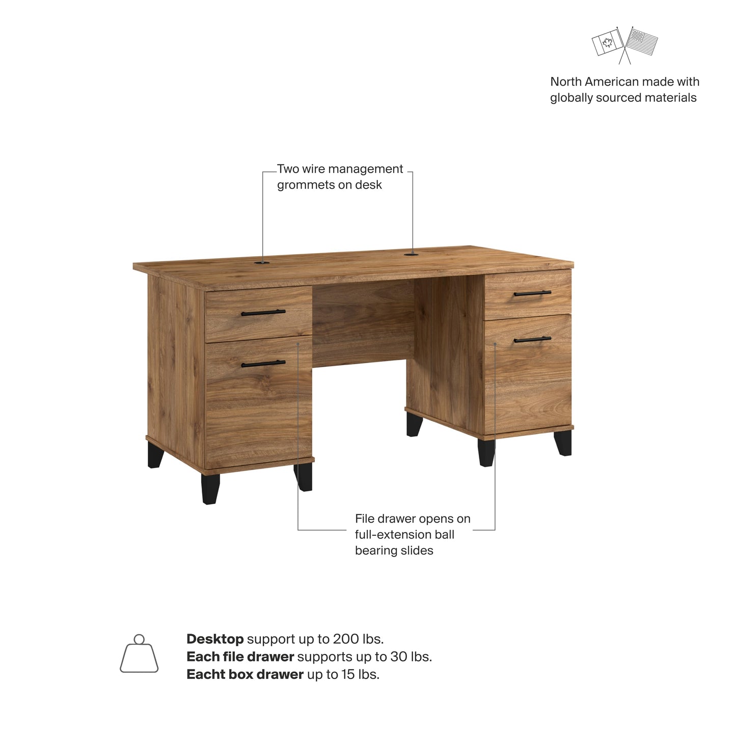 Bush Home 60-Inch Office Desk with Drawers, Computer Desk with File and Box Drawers, Home Office Workstation with Storage Cabinet, Writing Desk Furniture, Somerset Collection, Fresh Walnut
