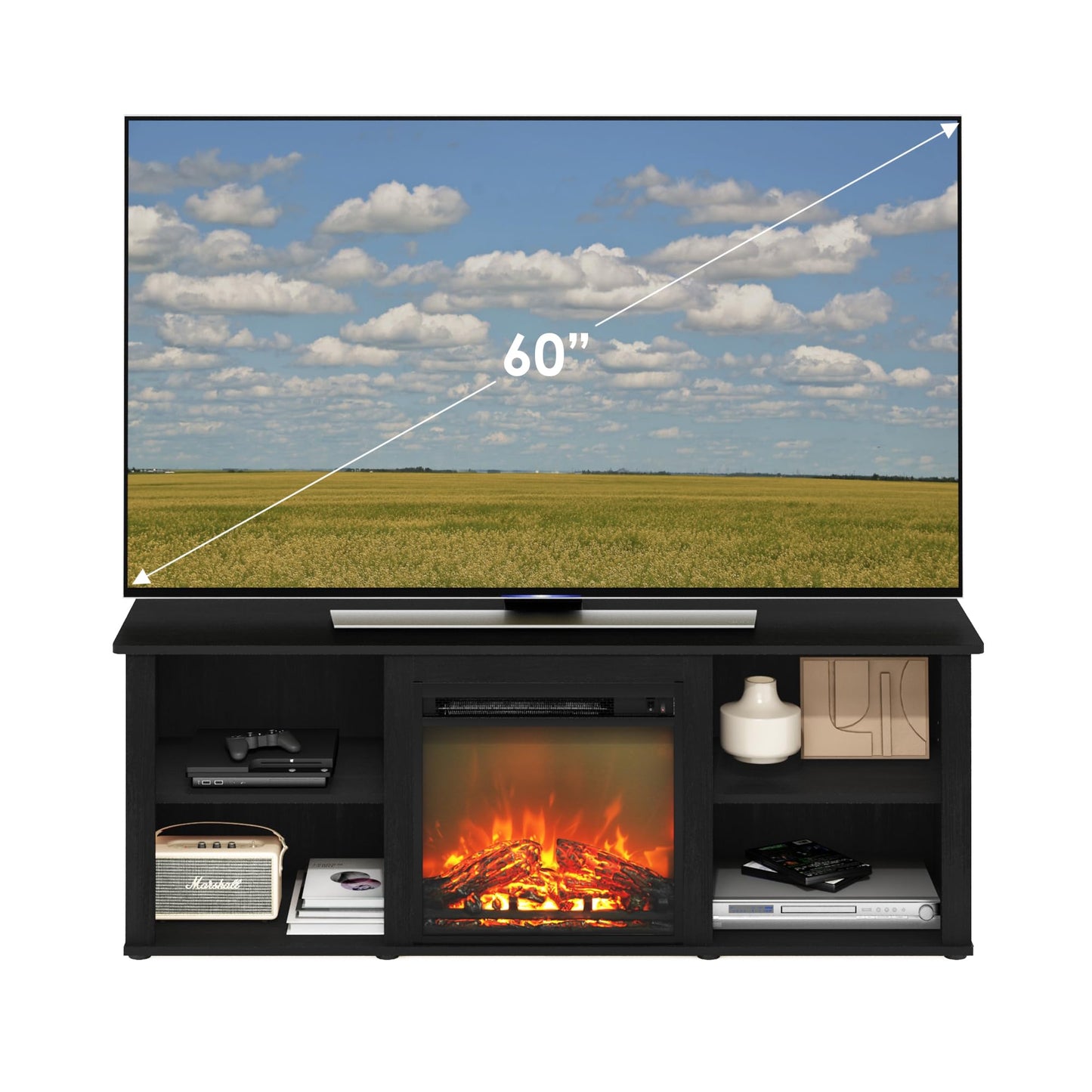 Furinno Classic TV Stand with Fireplace, Entertainment Center, TV Console for TV up to 60 Inch, for Living Room, Bedroom, Dark Americano