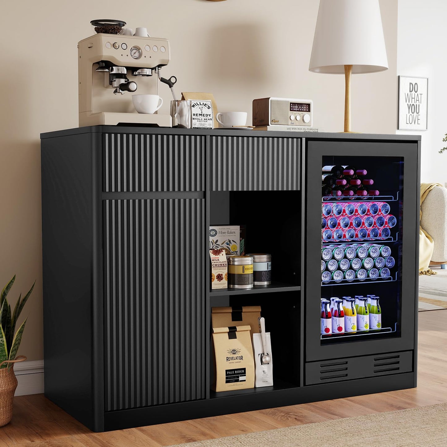 Zevemomo Large Coffee Bar Cabinet with Fridge Space, Fridge Cabinets with Fluted Door & Adjustable Shelves & Glass Rack, Wine Bar Buffet Sideboard Storage Cabinet for Living Room, Dining Room, Black