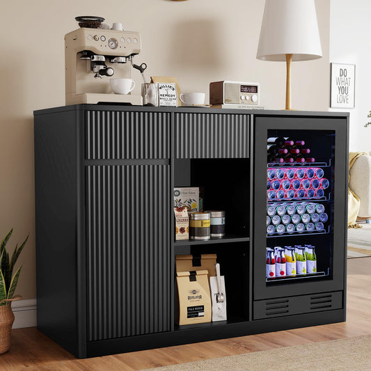 Zevemomo Large Coffee Bar Cabinet with Fridge Space, Fridge Cabinets with Fluted Door & Adjustable Shelves & Glass Rack, Wine Bar Buffet Sideboard Storage Cabinet for Living Room, Dining Room, Black