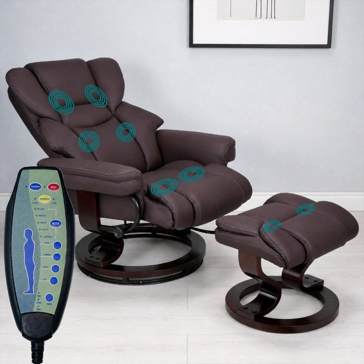 Trygoal Massage Recliner Chair with Ottoman, 360° Swivel Ergonomic Leather Reclining with 8 Vibration & Heating Points, 135° Lounge TV Chair with Bent Wood Base for Living Room and Bedroom, Brown