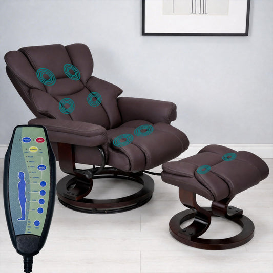 Trygoal Massage Recliner Chair with Ottoman, 360° Swivel Ergonomic Leather Reclining with 8 Vibration & Heating Points, 135° Lounge TV Chair with Bent Wood Base for Living Room and Bedroom, Brown
