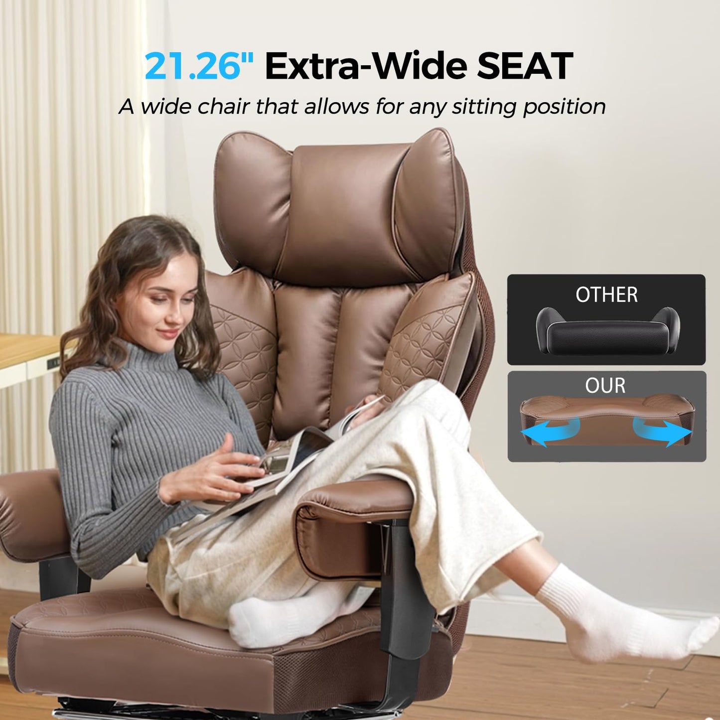 COMHOMA Big and Tall Office Chair Heavy Duty Wide Ergonomic Gaming Chair with Deluxe Embossing Designed Leather with Foot Rest,150°Reclining Adjustable Armrests Pocket Spring Back Support and Pillow